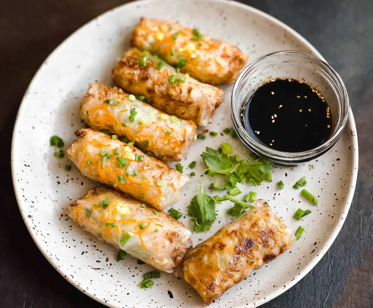Delicious crispy air fryer rice paper rolls filled with vegetables and herbs, served on a white plate.