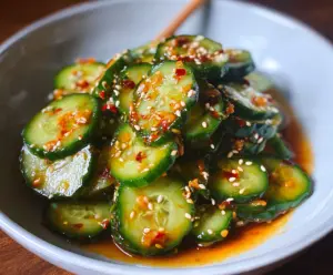 Refreshing Asian cucumber salad with sliced cucumbers, sesame seeds, and a tangy dressing.