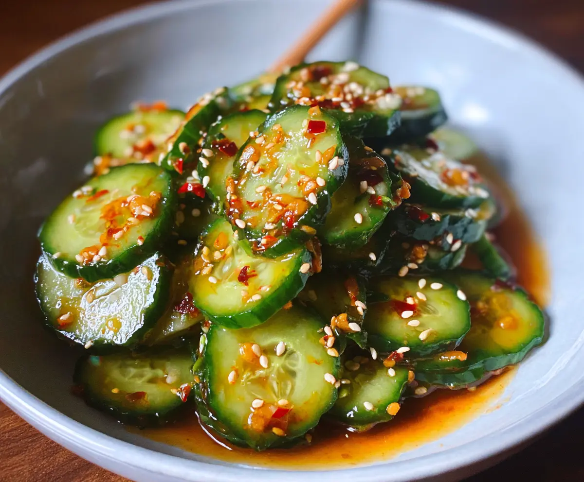 Refreshing Asian cucumber salad with sliced cucumbers, sesame seeds, and a tangy dressing.