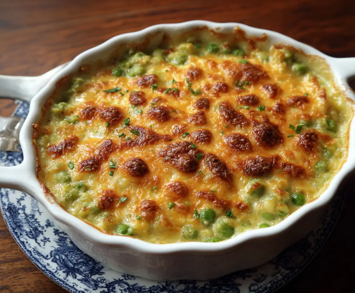 Delicious Au Gratin Creamed Peas served in a gourmet dish with melted cheese topping