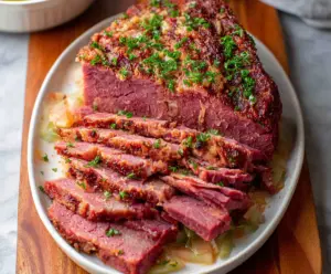 Delicious baked corned beef served with vegetables on a platter.