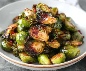 Delicious roasted Brussels sprouts drizzled with balsamic vinegar for a flavorful side dish.