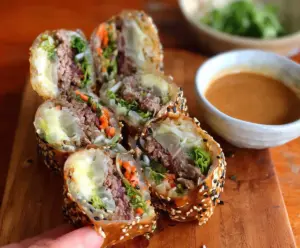 Delicious Big Mac Rice Paper Rolls with layers of beef lettuce cheese and special sauce