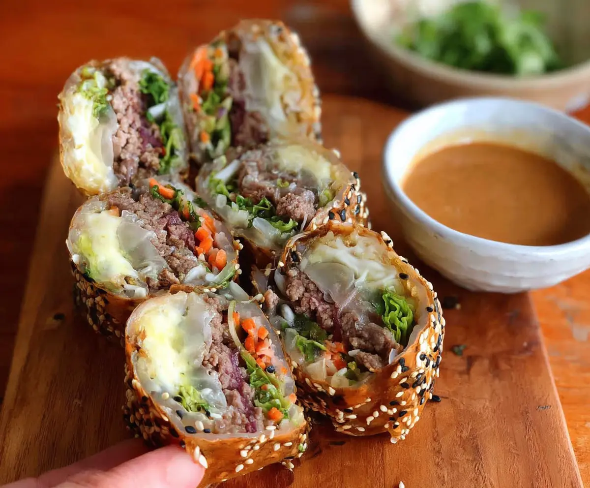 Delicious Big Mac Rice Paper Rolls with layers of beef lettuce cheese and special sauce