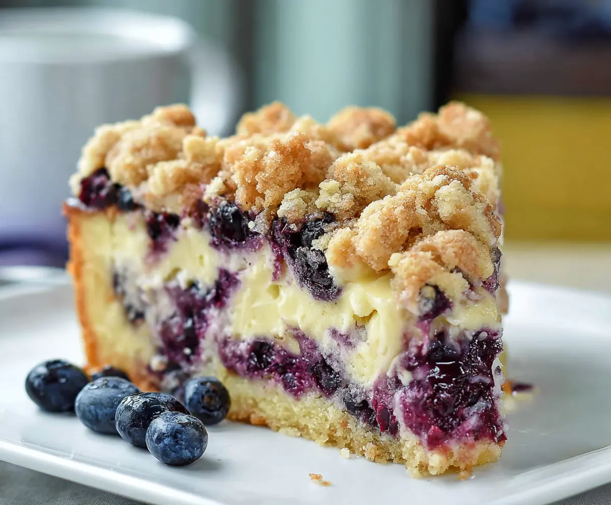 Close-up of a delicious Blueberry Cream Cheese Crumb Cake with fresh blueberries and creamy topping.