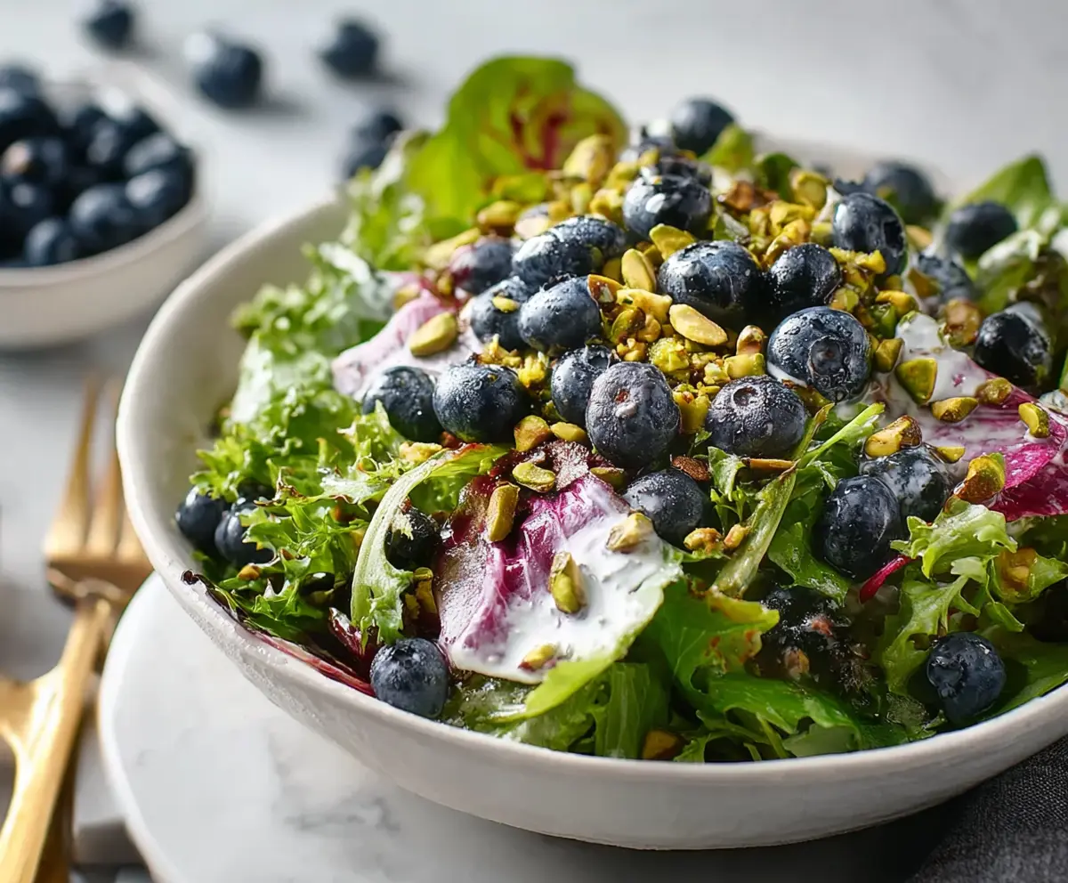Delicious Blueberry Pistachio Crunch Salad in a glass bowl with fresh blueberries and pistachios on top.