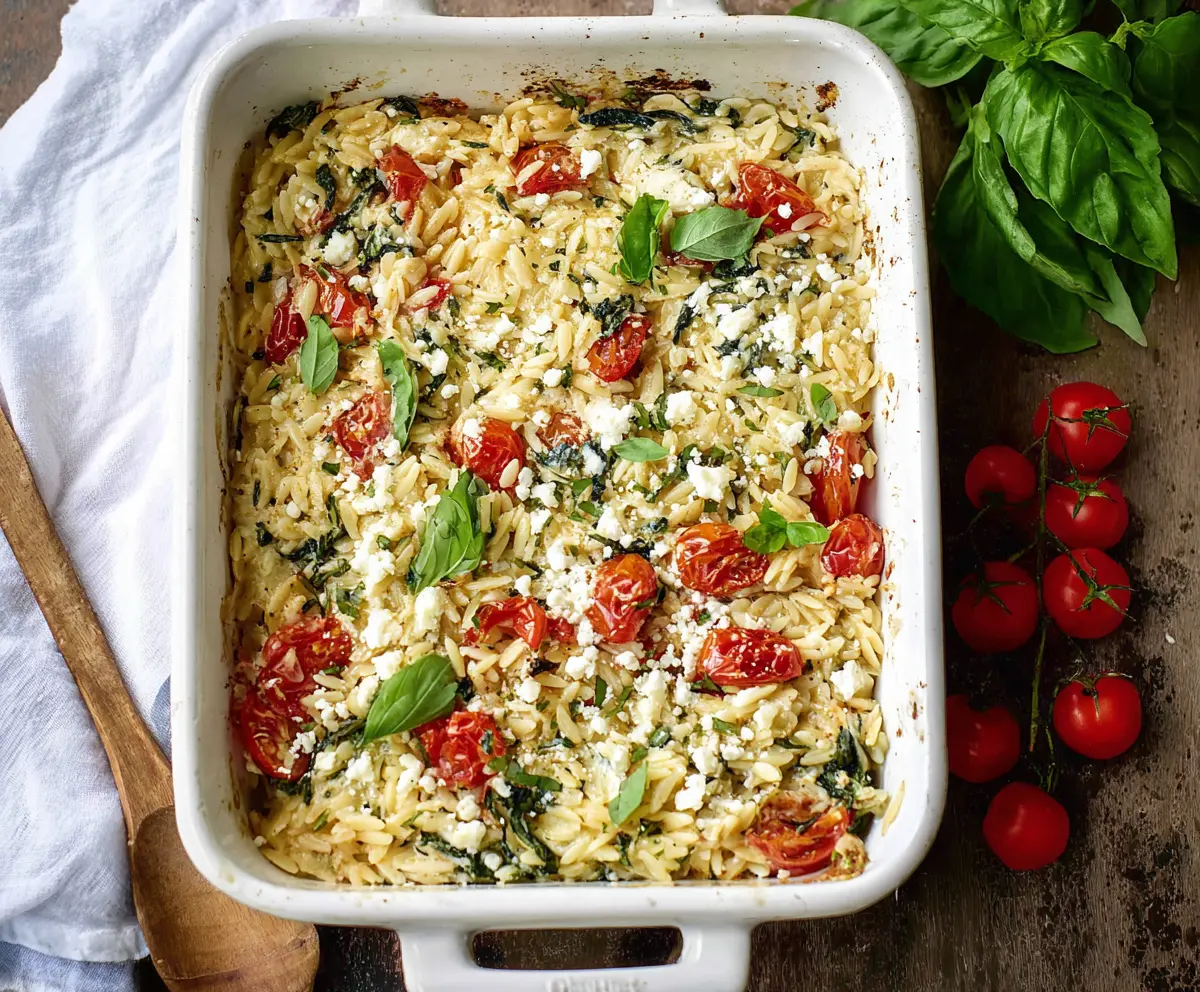 Creamy Boursin Orzo Bake served hot with melted cheese and fresh herbs.
