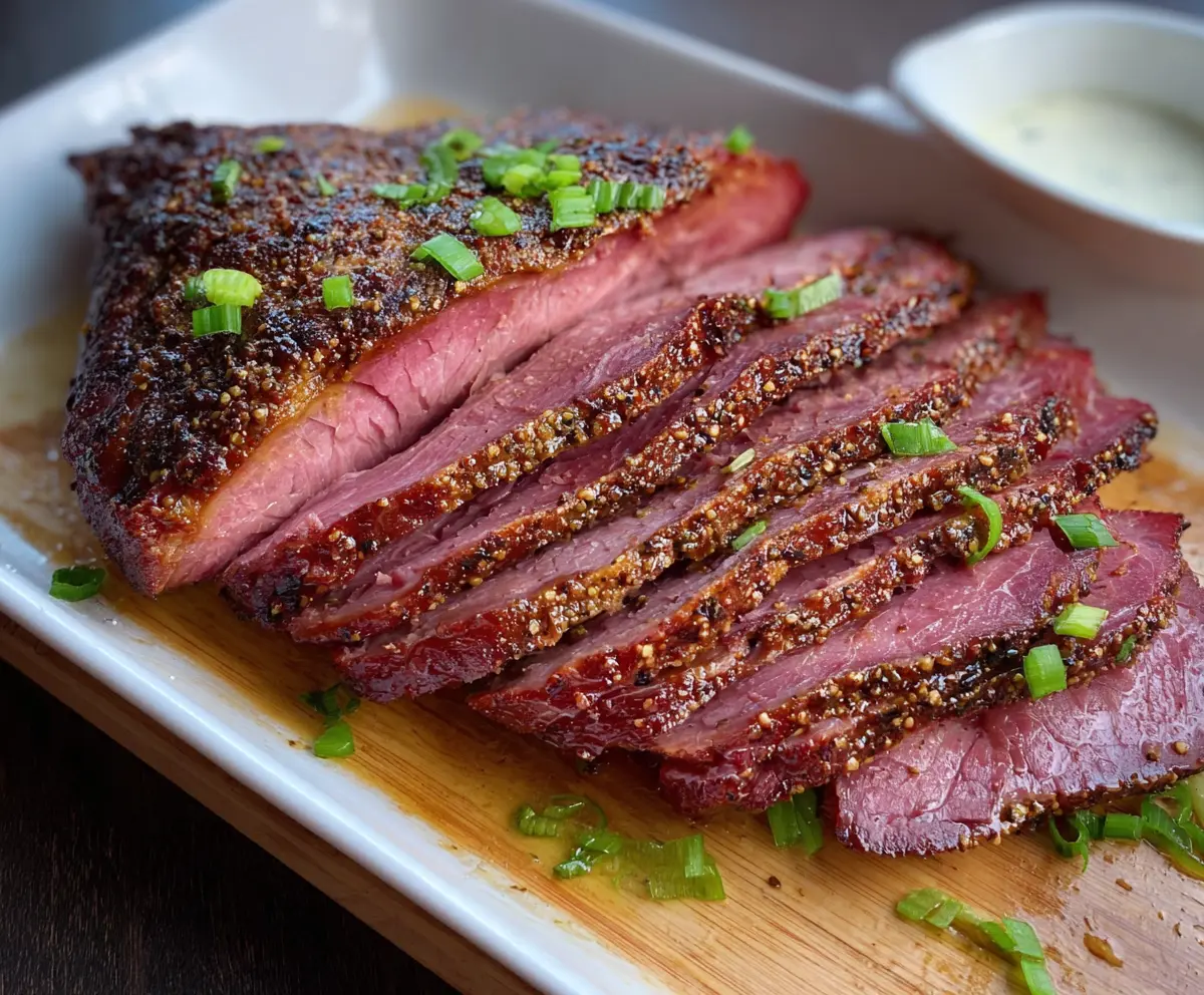 Juicy corned beef brisket glazed with brown sugar and Dijon mustard, served as a flavorful main dish.