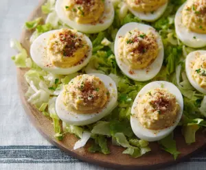 Delicious Caesar deviled eggs garnished with fresh herbs on a white plate.
