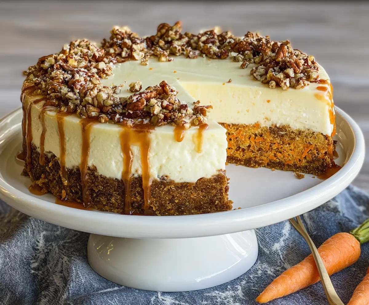 Delicious carrot cake cheesecake with cream cheese frosting and grated carrots on top