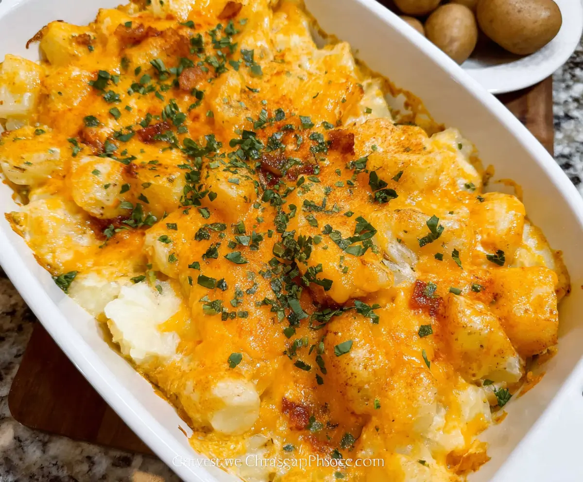 Delicious Cheesy Baked Potato Casserole topped with melted cheese and fresh herbs.