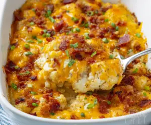 Delicious cheesy loaded cauliflower casserole topped with melted cheese and fresh herbs