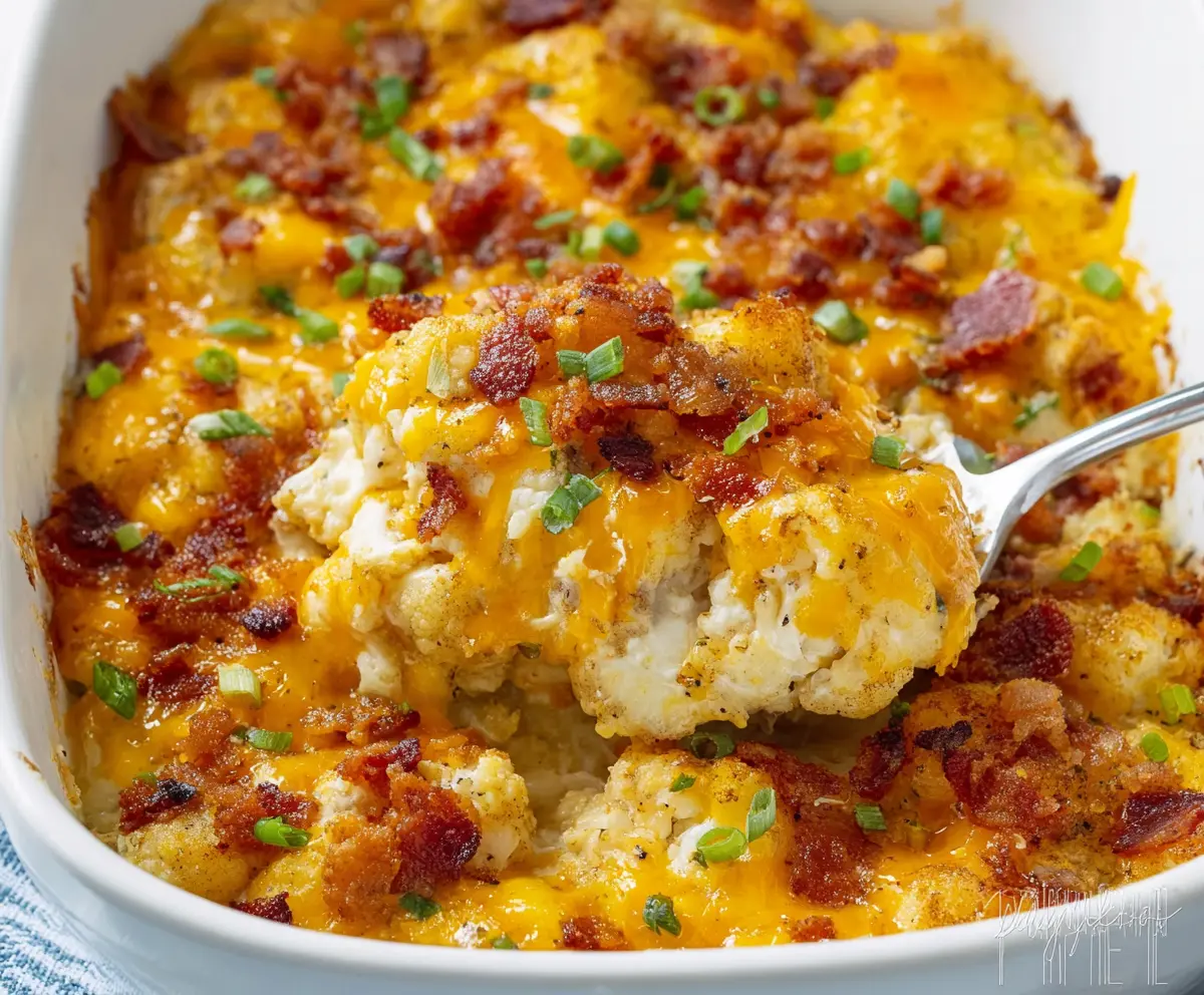 Delicious cheesy loaded cauliflower casserole topped with melted cheese and fresh herbs