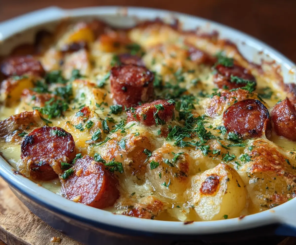 Delicious cheesy ranch potato bake with smoked sausage and melted cheese