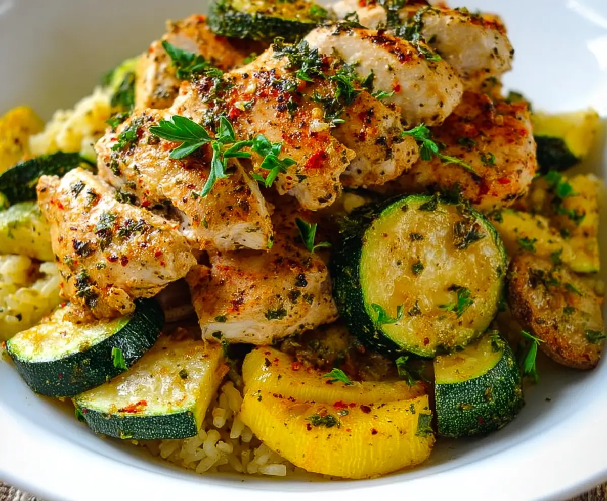 Healthy grilled chicken breast served with fresh zucchini and squash slices for a nutritious meal.