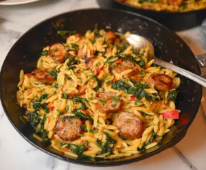 Delicious Chicken Sausage Orzo Skillet with fresh herbs and vibrant vegetables