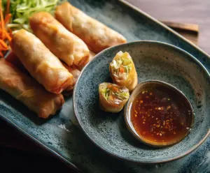 Delicious chicken spring rolls with fresh vegetables served on a white plate