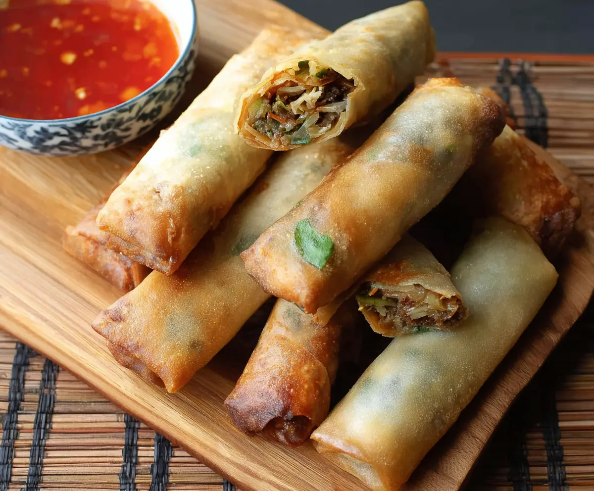 Crispy Chinese spring rolls filled with vegetables and served with dipping sauce.