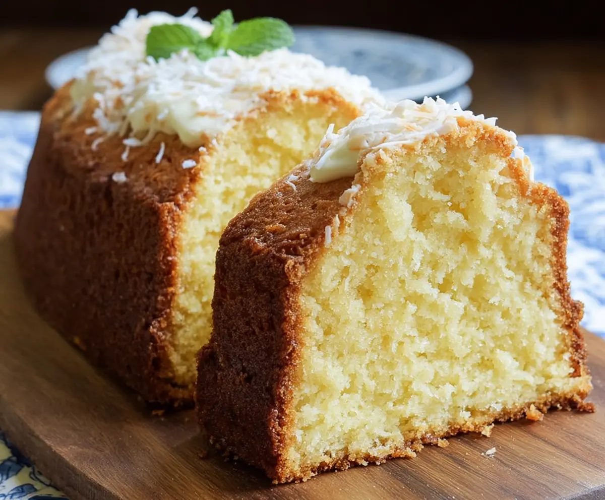 Delicious Coconut Cream Cheese Pound Cake sliced and ready to serve, showcasing its moist texture and golden crust.