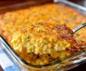 Delicious Corn Casserole topped with melted cheese and fresh herbs, perfect for family dinner.