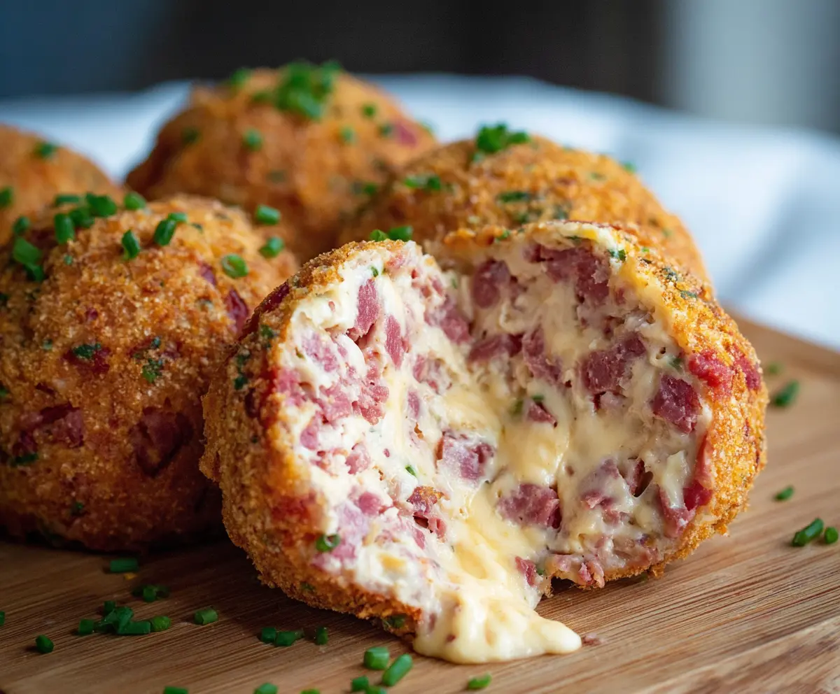 Delicious corned beef and cheese balls on a plate, perfect for snacks or parties.
