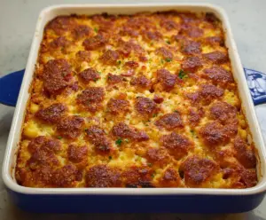 Delicious Corned Beef Casserole topped with melted cheese and fresh herbs.