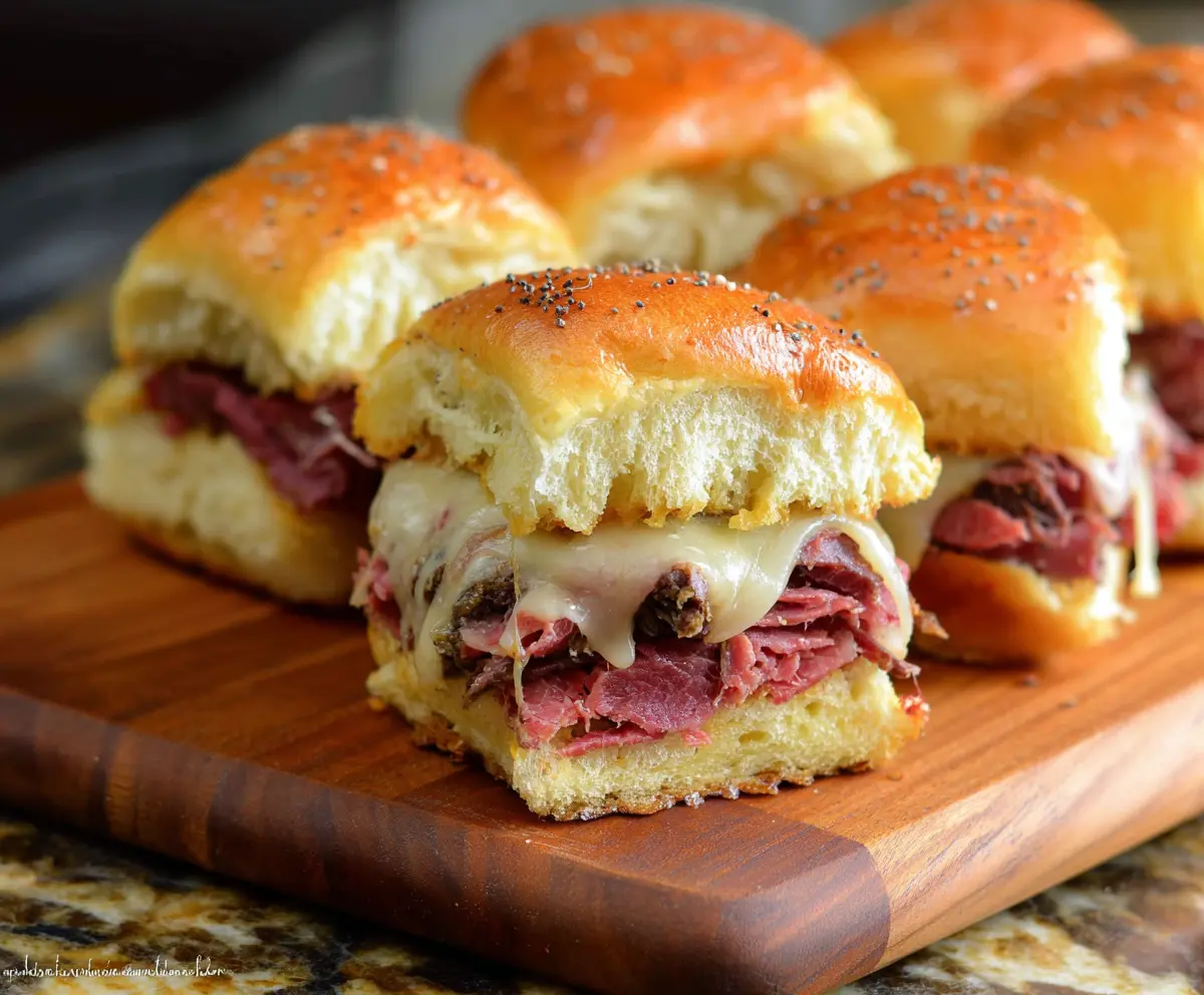 Delicious corned beef sliders with melted cheese and pickles on soft buns