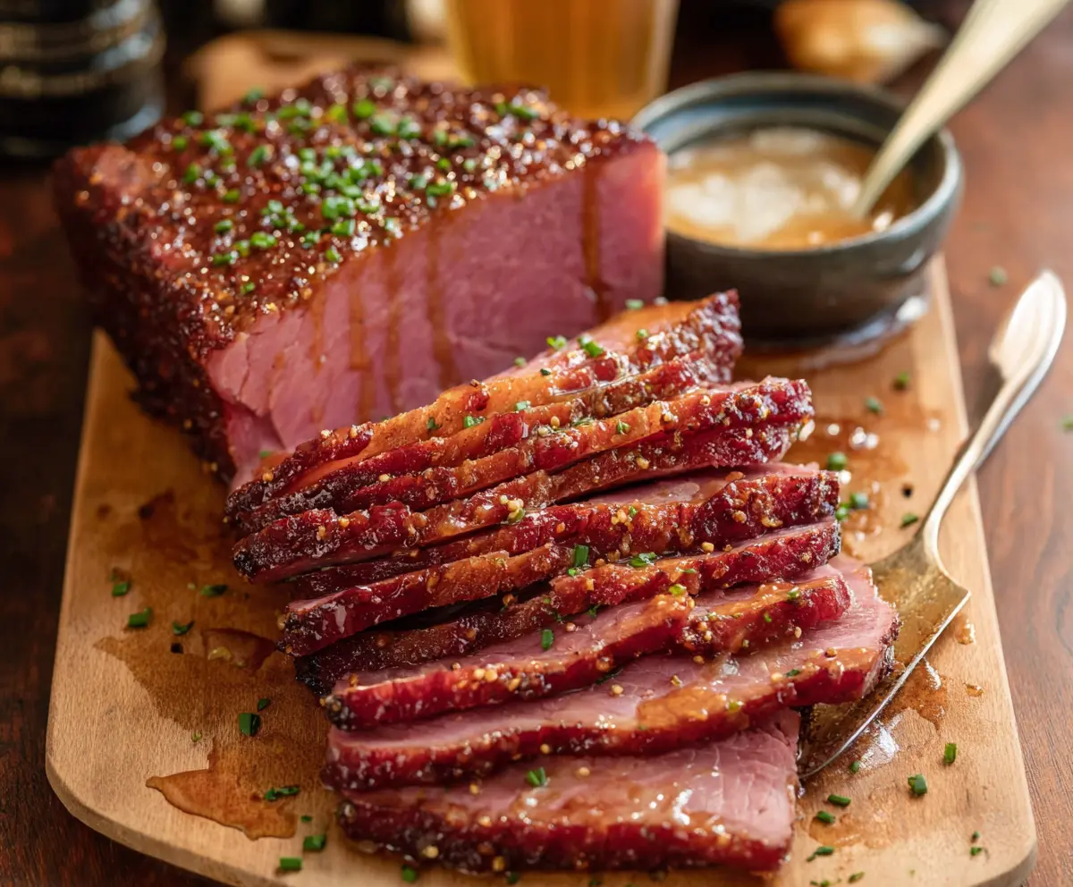 Delicious Corned Beef with a shiny beer glaze served on a plate.