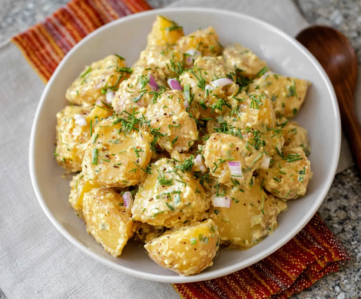 Creamy mustard potatoes garnished with fresh herbs in a bowl, perfect for a flavorful side dish.
