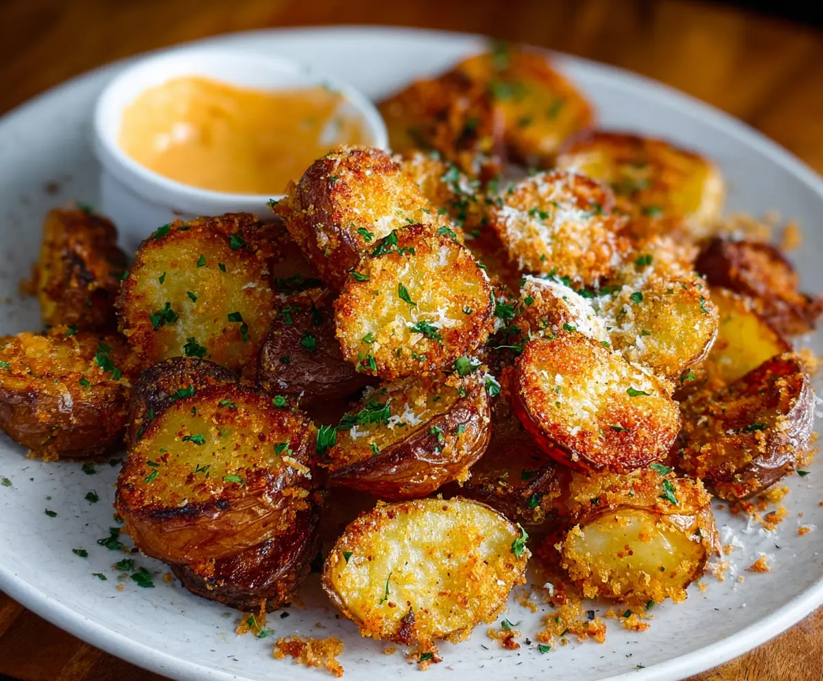 Golden crispy Parmesan potatoes served on a white plate, garnished with fresh herbs.