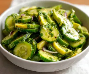 Fresh cucumber and creamy avocado salad in a bowl, perfect for a healthy snack.