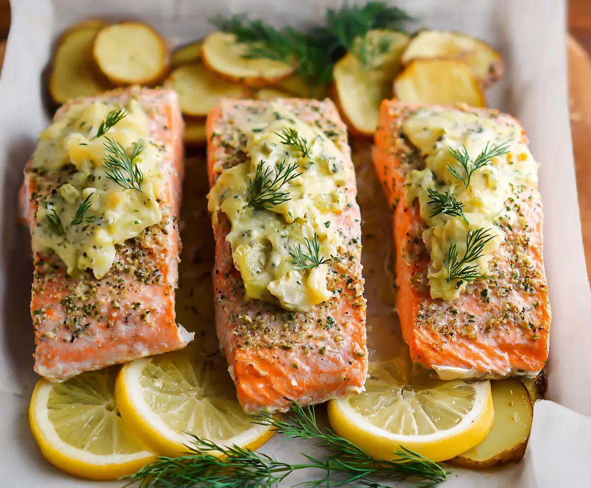 Delicious Dill Pickle Salmon dish garnished with fresh herbs