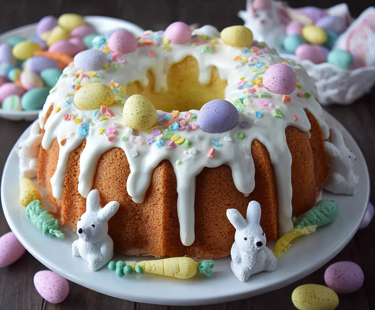 Delicious Easter Bundt Cake decorated with colorful icing and festive sprinkles for spring celebrations.