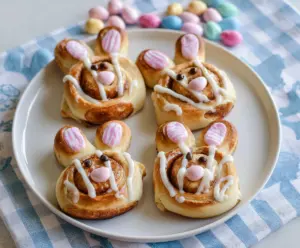 Easter Bunny Cinnamon Rolls with fluffy icing and colorful decorations for a festive breakfast.