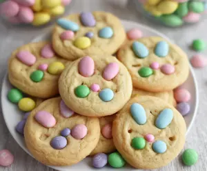 Delicious Easter Bunny M&M's Cookies with colorful candies and festive holiday theme.