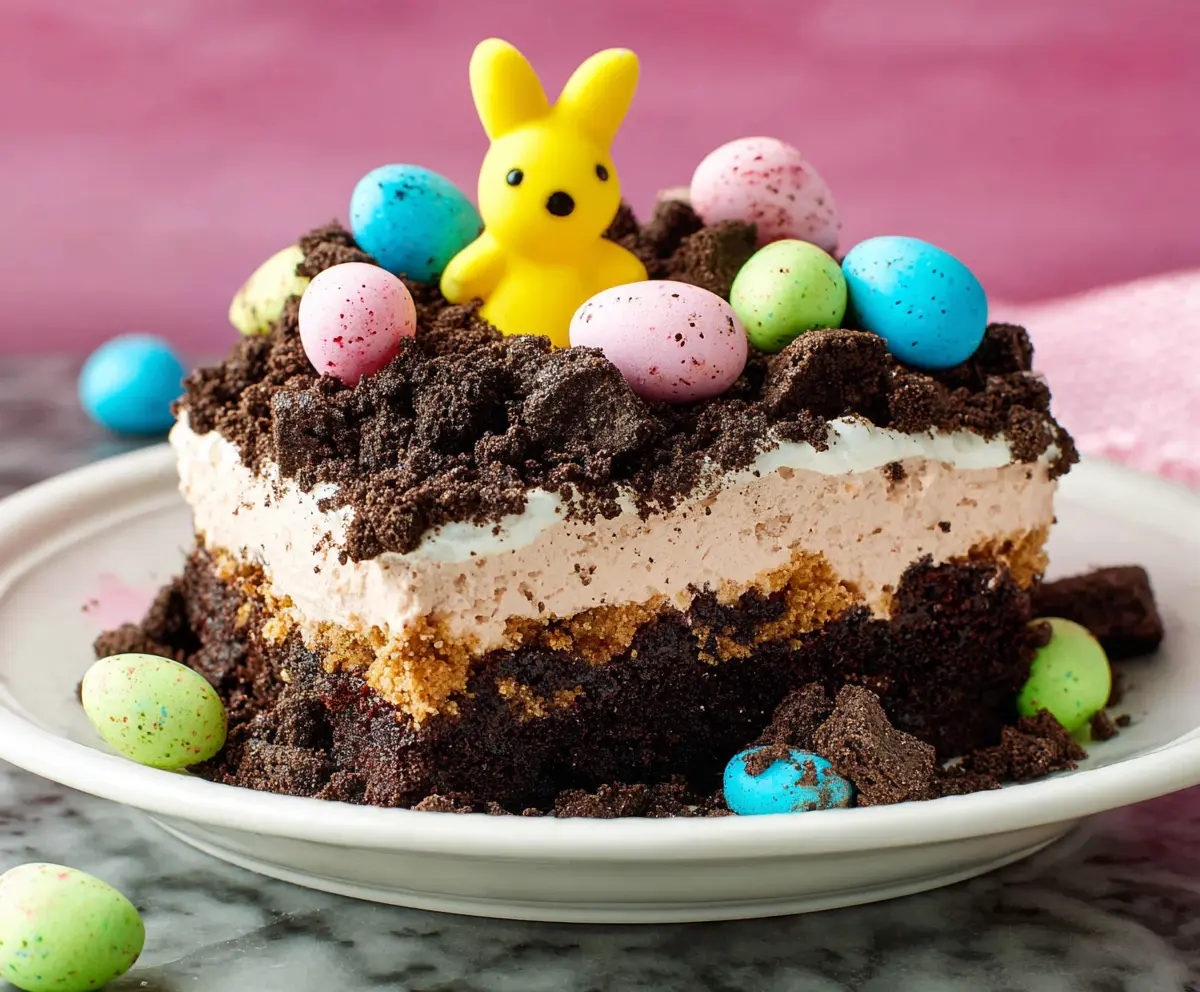 Delicious Easter Dirt Cake with chocolate and gummy worms in a festive dessert bowl.