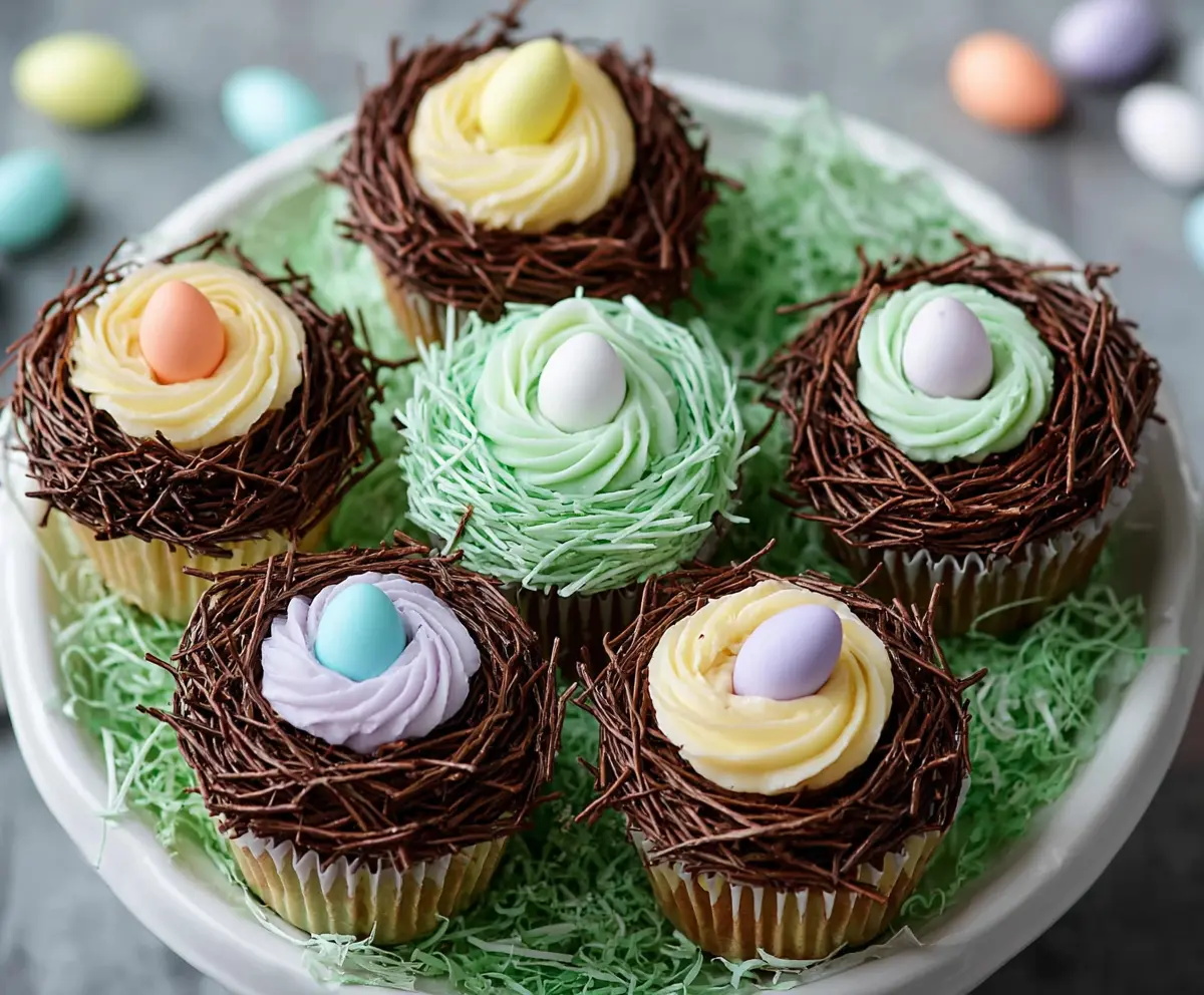 Decorative Easter Egg Nest Cupcakes with colorful candy eggs and green coconut grass for holiday celebrating.