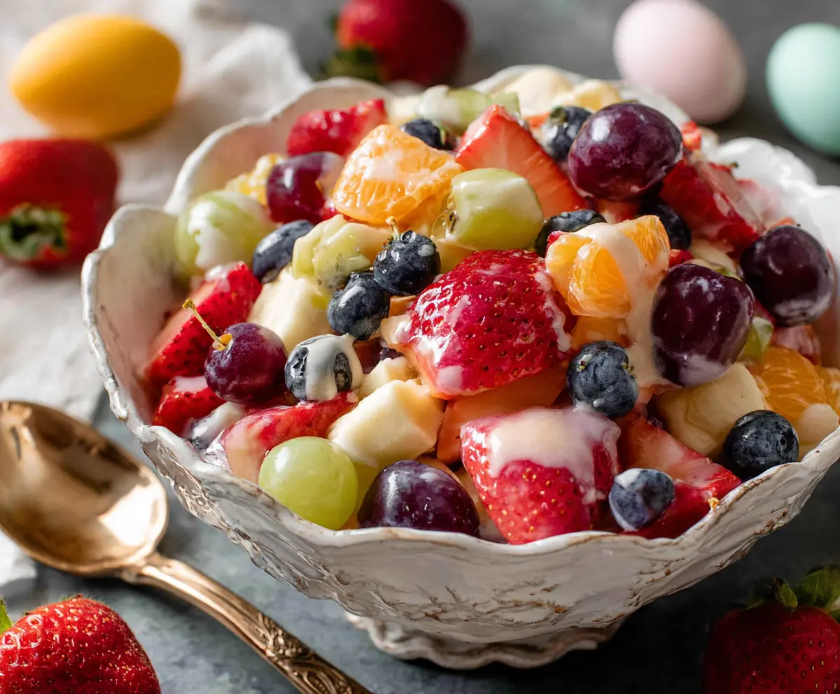 Colorful Easter fruit salad with fresh strawberries bananas and grapes in a decorative bowl.