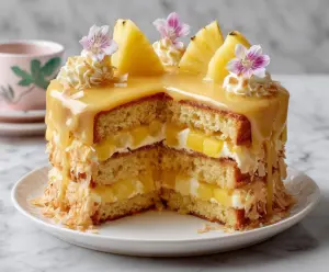 Delicious Easter Pineapple Heaven Cake with whipped cream and pineapple slices on a festive plate