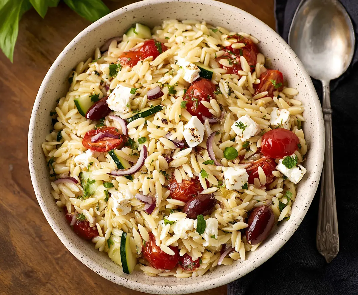 Refreshing Feta Orzo Salad with fresh herbs and vegetables, perfect for a light summer meal