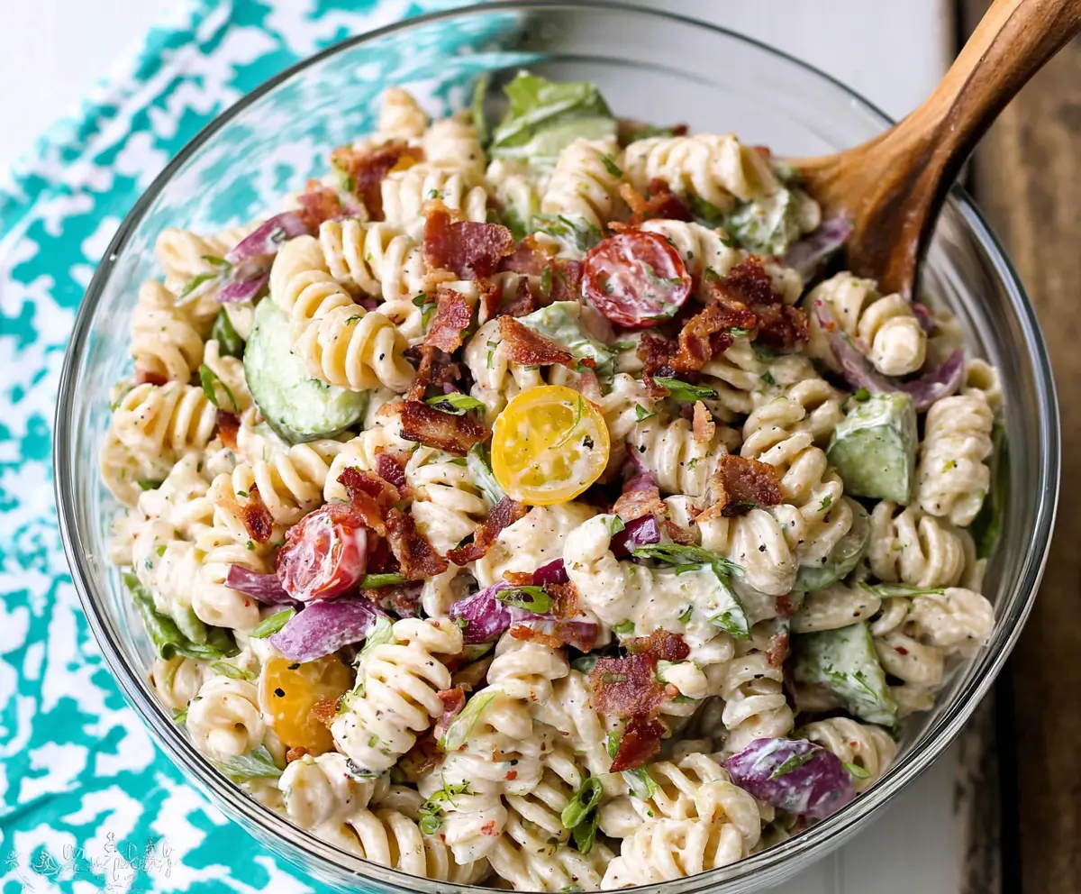Delicious Fresh Ranch Pasta Salad topped with crispy bacon and fresh herbs.