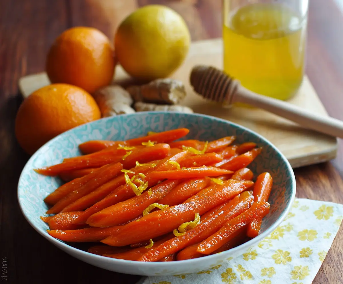 Fresh glazed carrots with orange slices and ginger root on a white plate, vibrant and delicious.