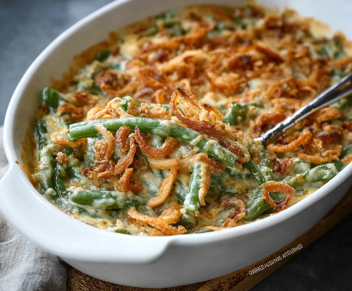Delicious homemade Green Bean Casserole with crispy onions and fresh green beans served in a casserole dish.