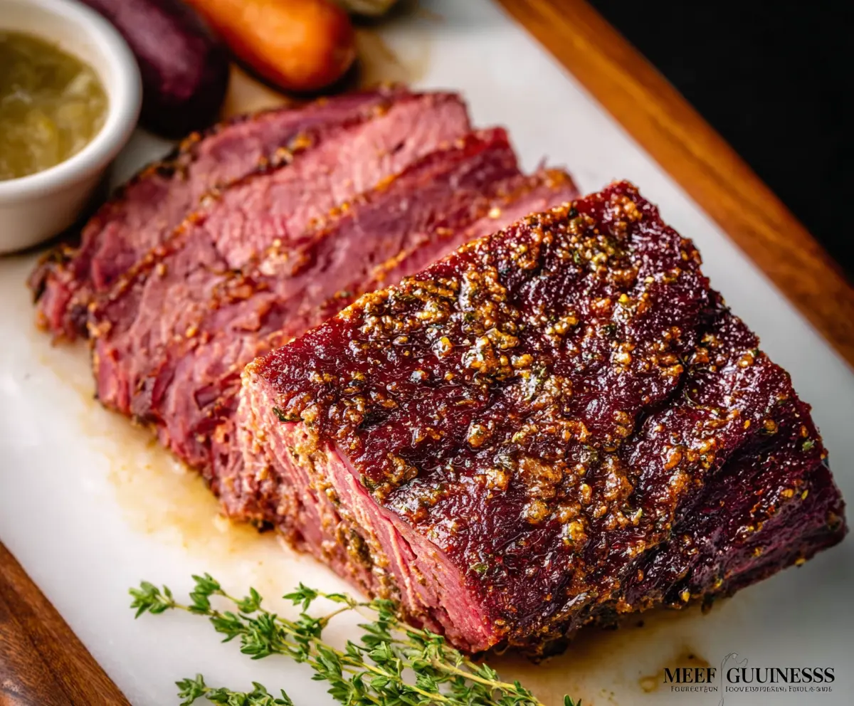Delicious Guinness Braised Corned Beef served with cabbage and potatoes.
