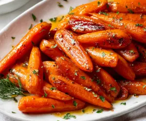 Delicious honey glazed carrots served on a white plate, showcasing their shiny, caramelized coating.