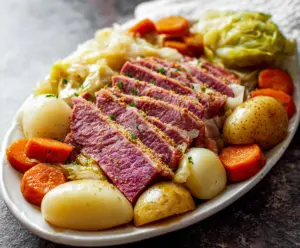 Delicious homemade Instant Pot corned beef and cabbage served with fresh vegetables