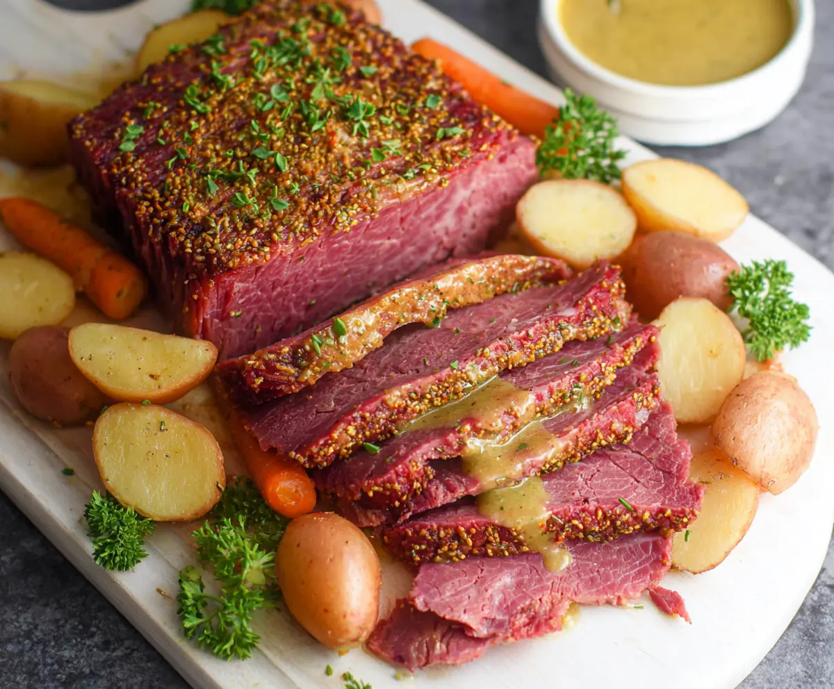 Delicious Instant Pot corned beef with a flavorful mustard glaze on a serving platter.
