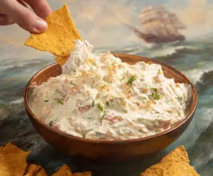 Delicious boat dip served with fresh vegetables and crispy crackers, perfect for parties and gatherings.