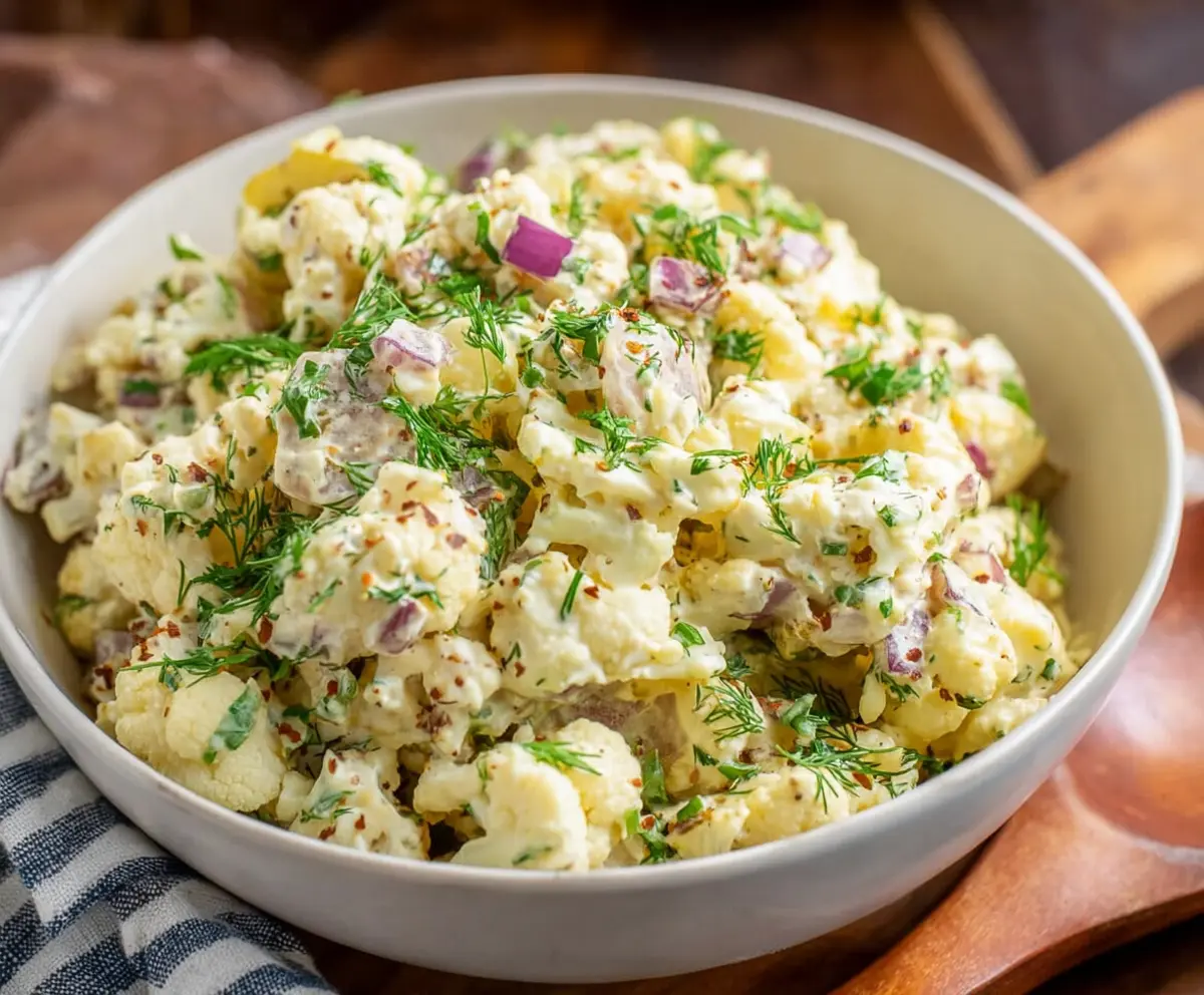 Keto cauliflower potato salad garnished with herbs in a white bowl