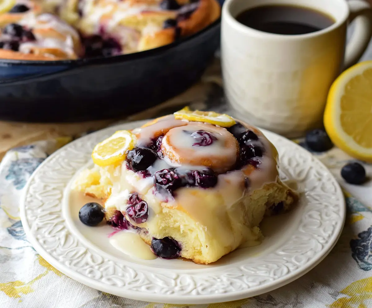 Delicious Lemon Blueberry Rolls with fresh blueberries and zesty lemon glaze on a baking sheet.